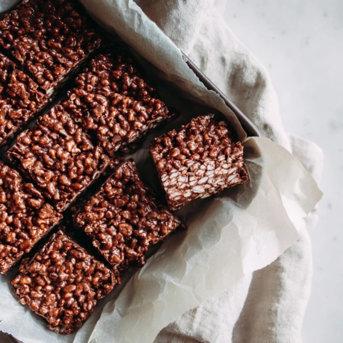 homemade chocolate crunch bars on white kitchen counter