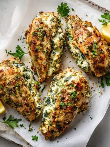 baked feta stuffed chicken with spinach and herbs on white counter