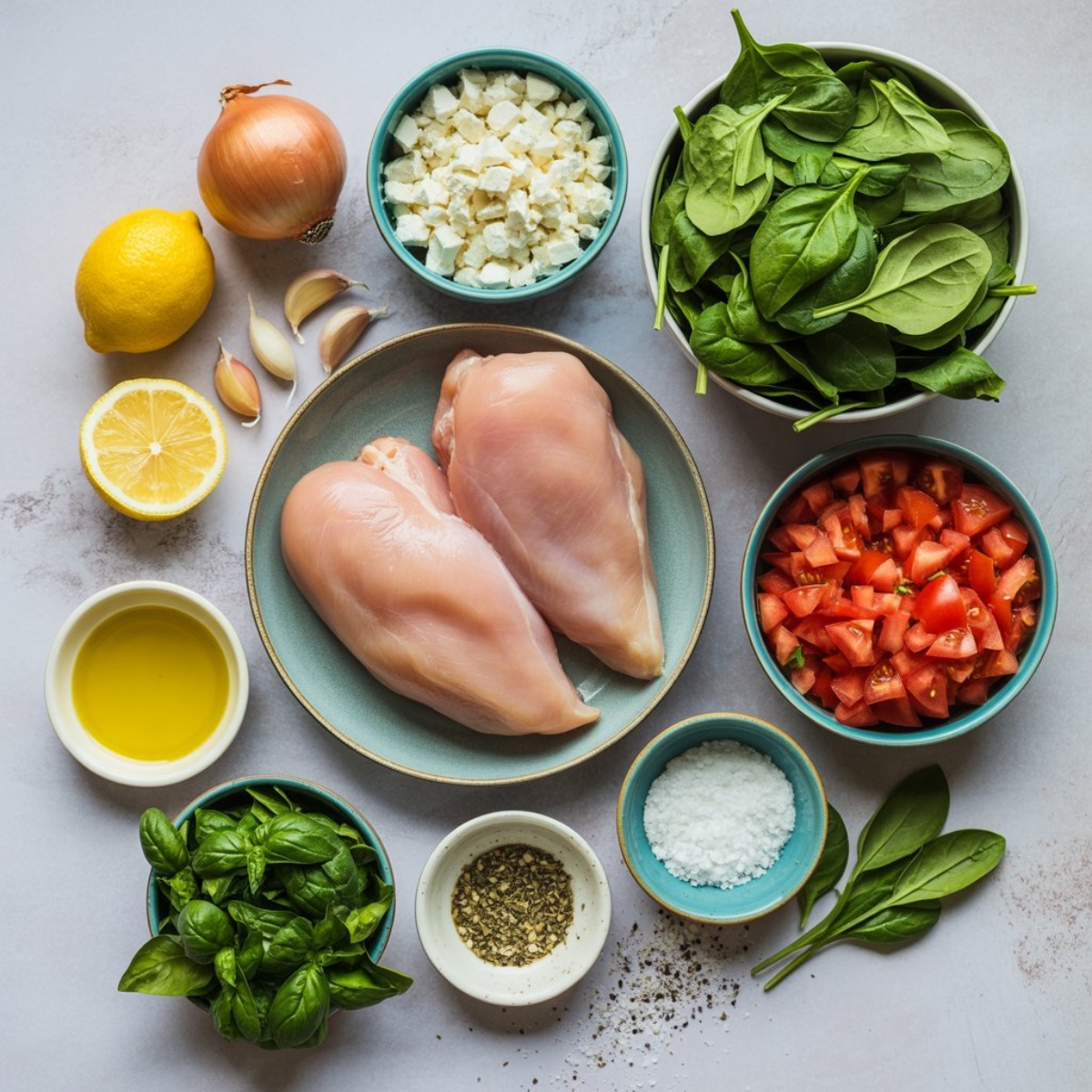 fresh ingredients for feta chicken recipe on kitchen counter