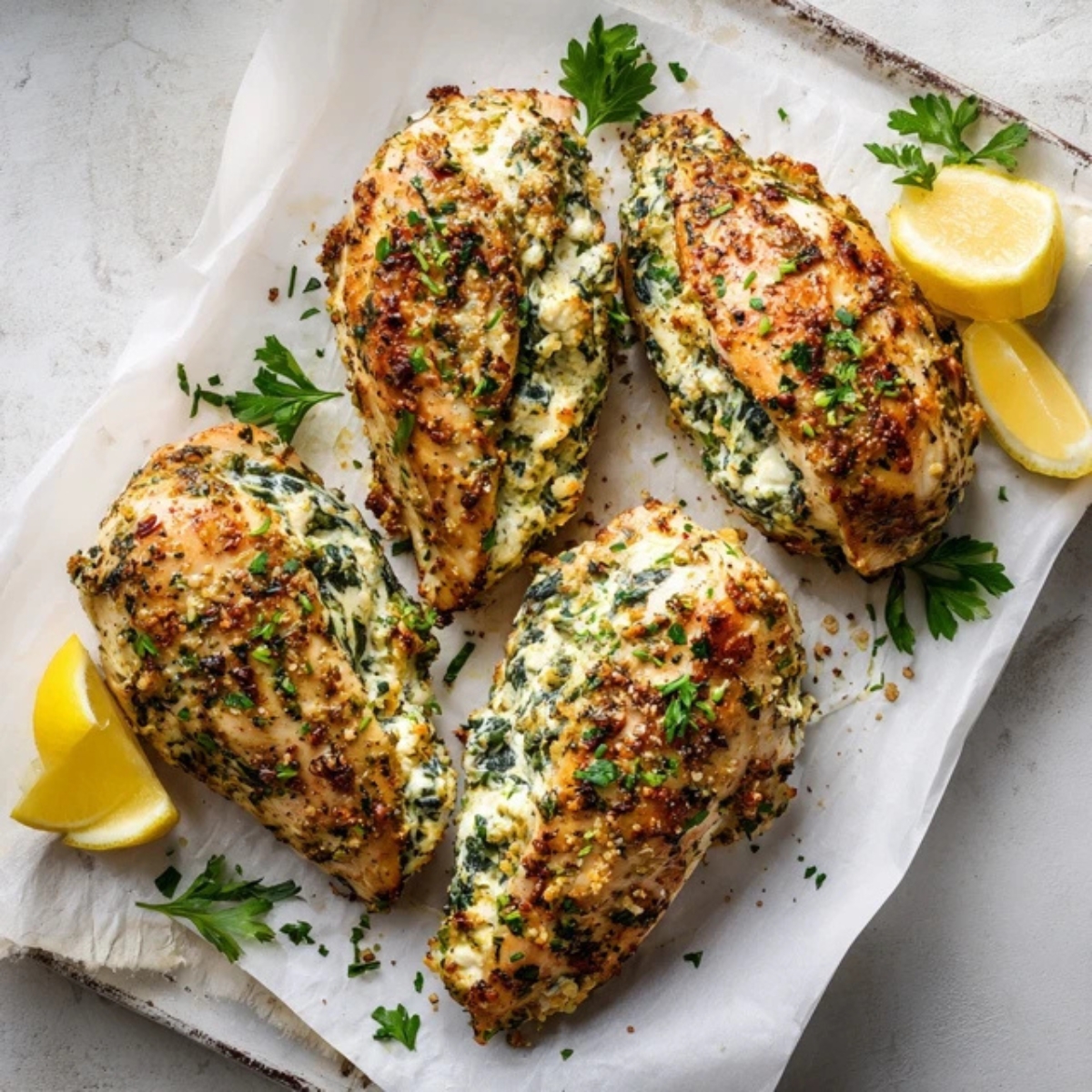 baked feta stuffed chicken with spinach and herbs on white counter