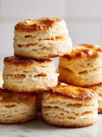 Fluffy homemade breakfast biscuits on white kitchen counter