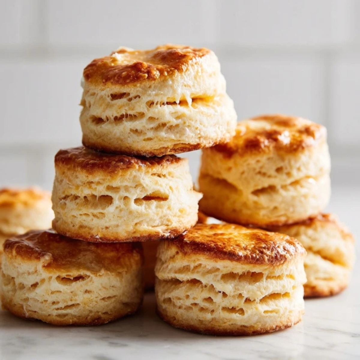 Fluffy homemade breakfast biscuits on white kitchen counter