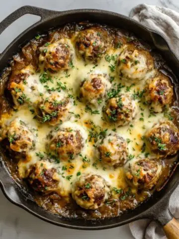 cheesy french onion meatballs in skillet with caramelized onion sauce
