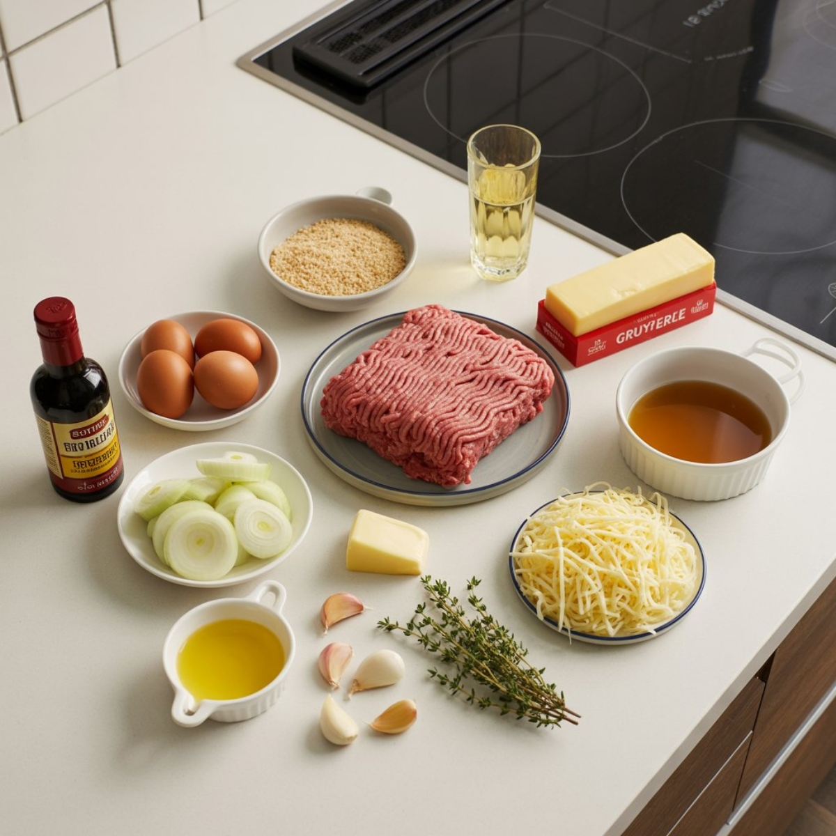 ingredients for french onion meatballs recipe with onions, beef, cheese, and thyme