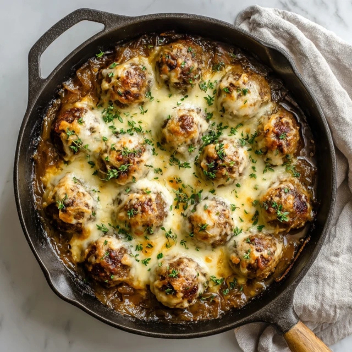 cheesy french onion meatballs in skillet with caramelized onion sauce