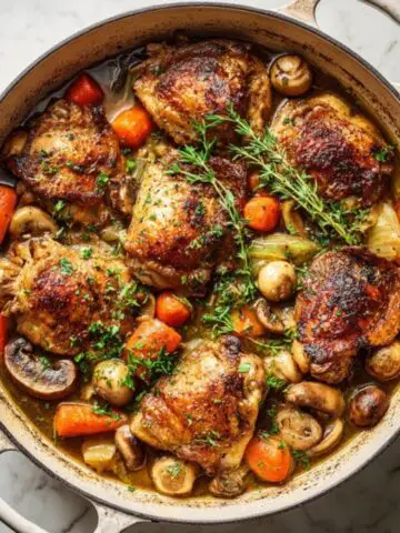 rustic French style chicken casserole in Dutch oven with herbs and vegetables