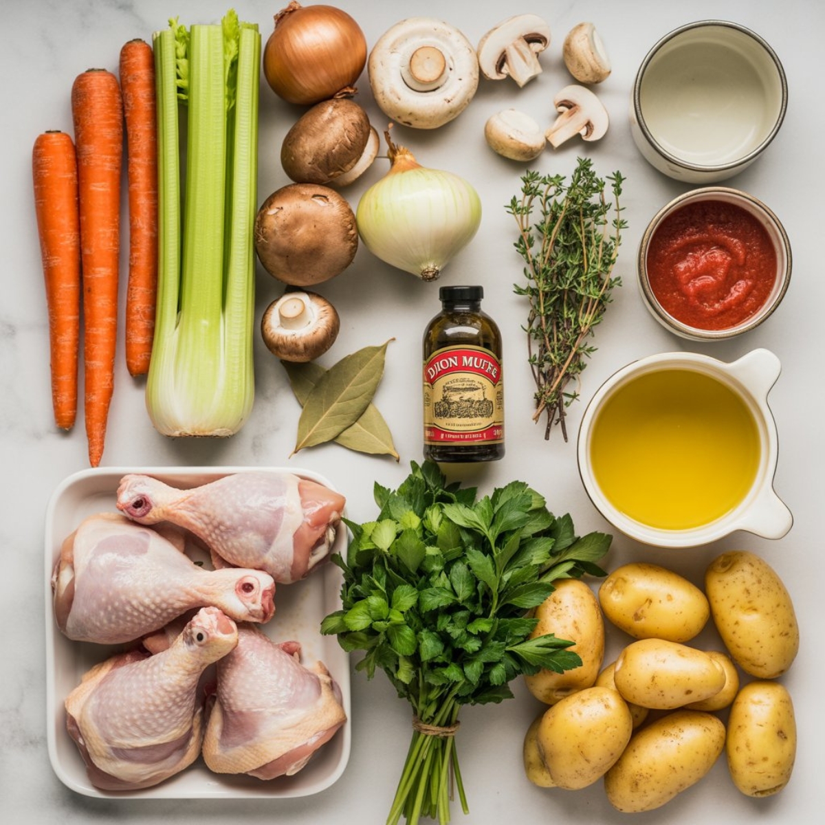 fresh ingredients for French style chicken casserole with chicken, herbs, and vegetables