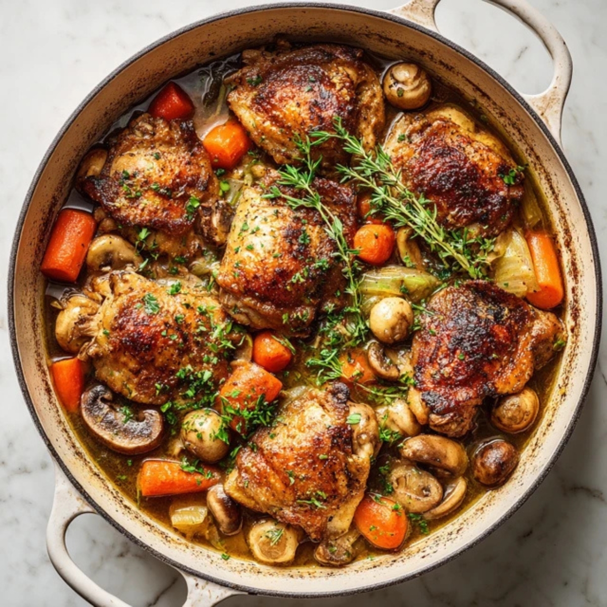 rustic French style chicken casserole in Dutch oven with herbs and vegetables