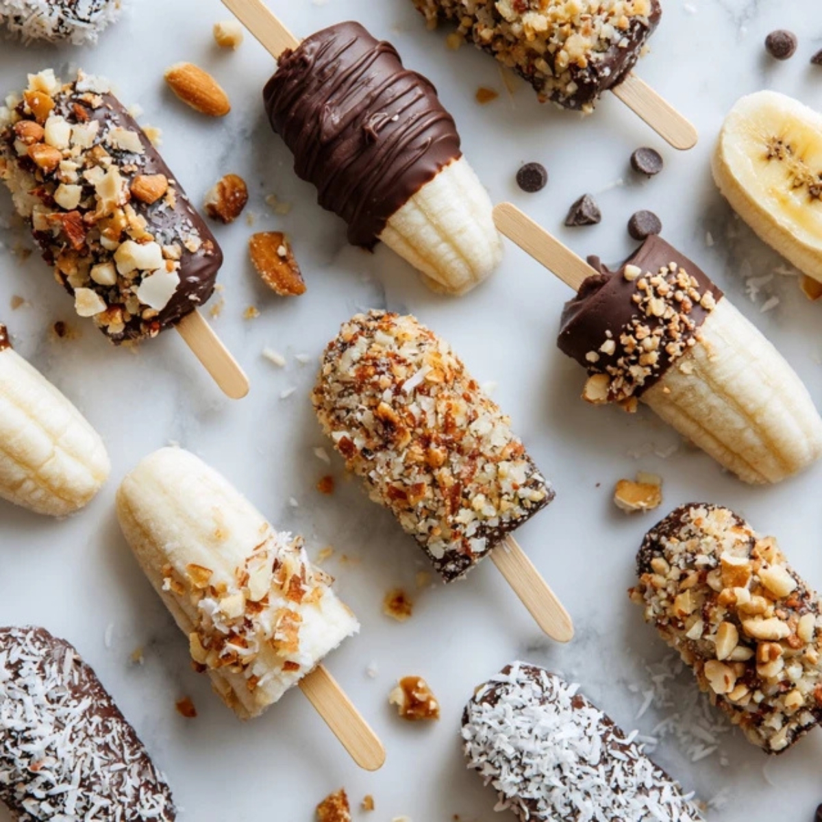 Homemade frozen banana snacks dipped in chocolate, nuts, and coconut on a white marble counter