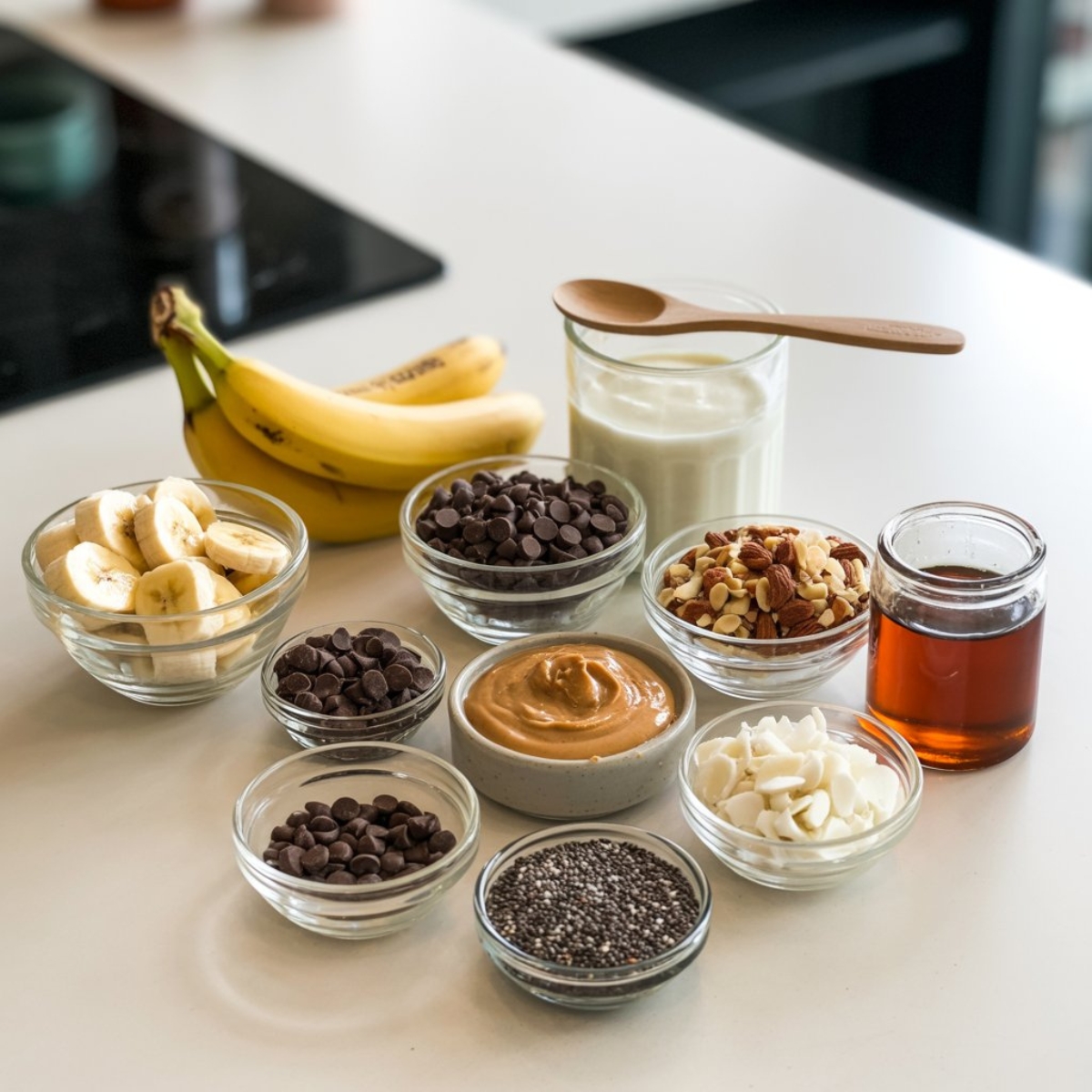 Ingredients for frozen banana snacks including bananas, chocolate chips, peanut butter, yogurt, honey, nuts, and coconut