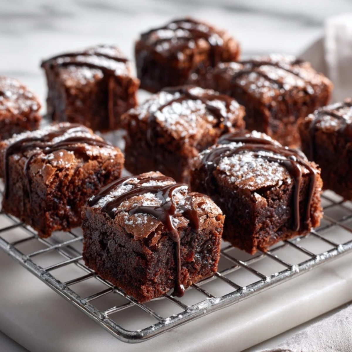 fudgy brownie bites on cooling rack with powdered sugar and chocolate drizzle