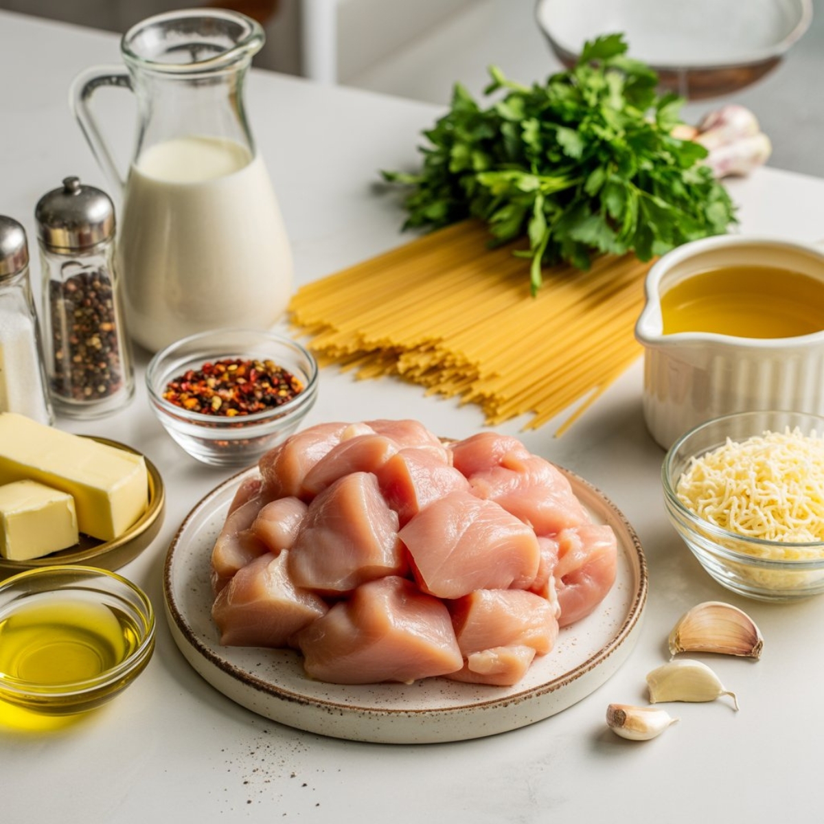 Ingredients for garlic butter chicken bites with creamy parmesan pasta on counter