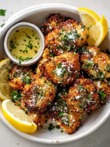 Crispy garlic parmesan chicken bites in white bowl with parsley and lemon