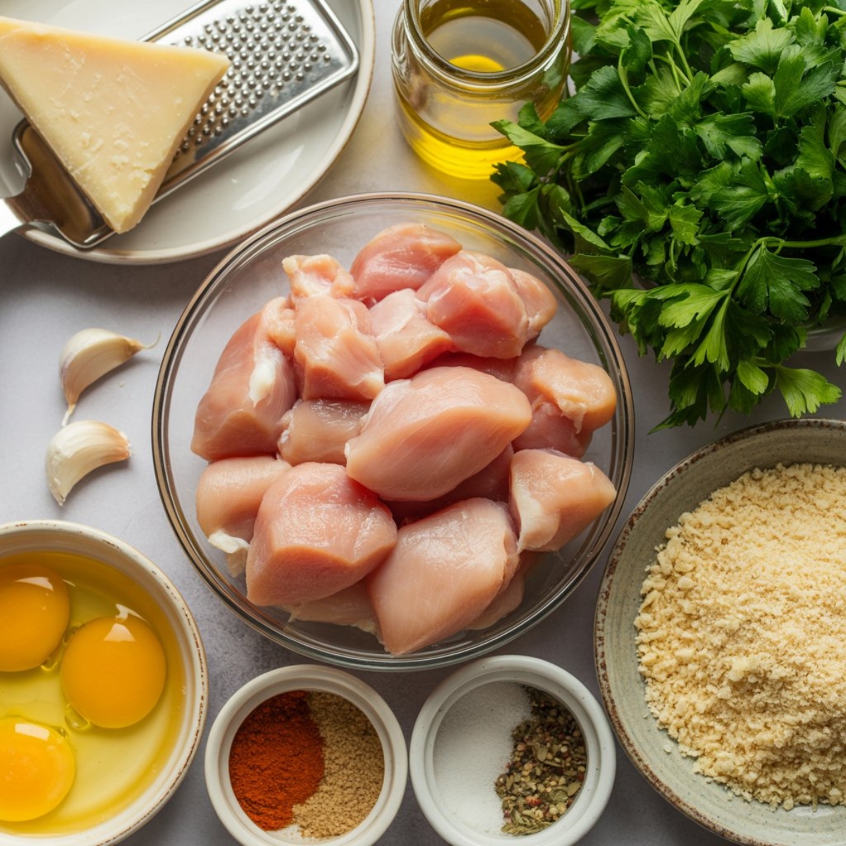 Ingredients for garlic parmesan chicken bites on white counter