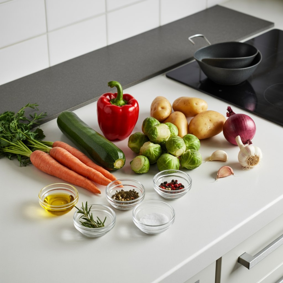 fresh vegetables and seasonings for garlic roasted vegetables