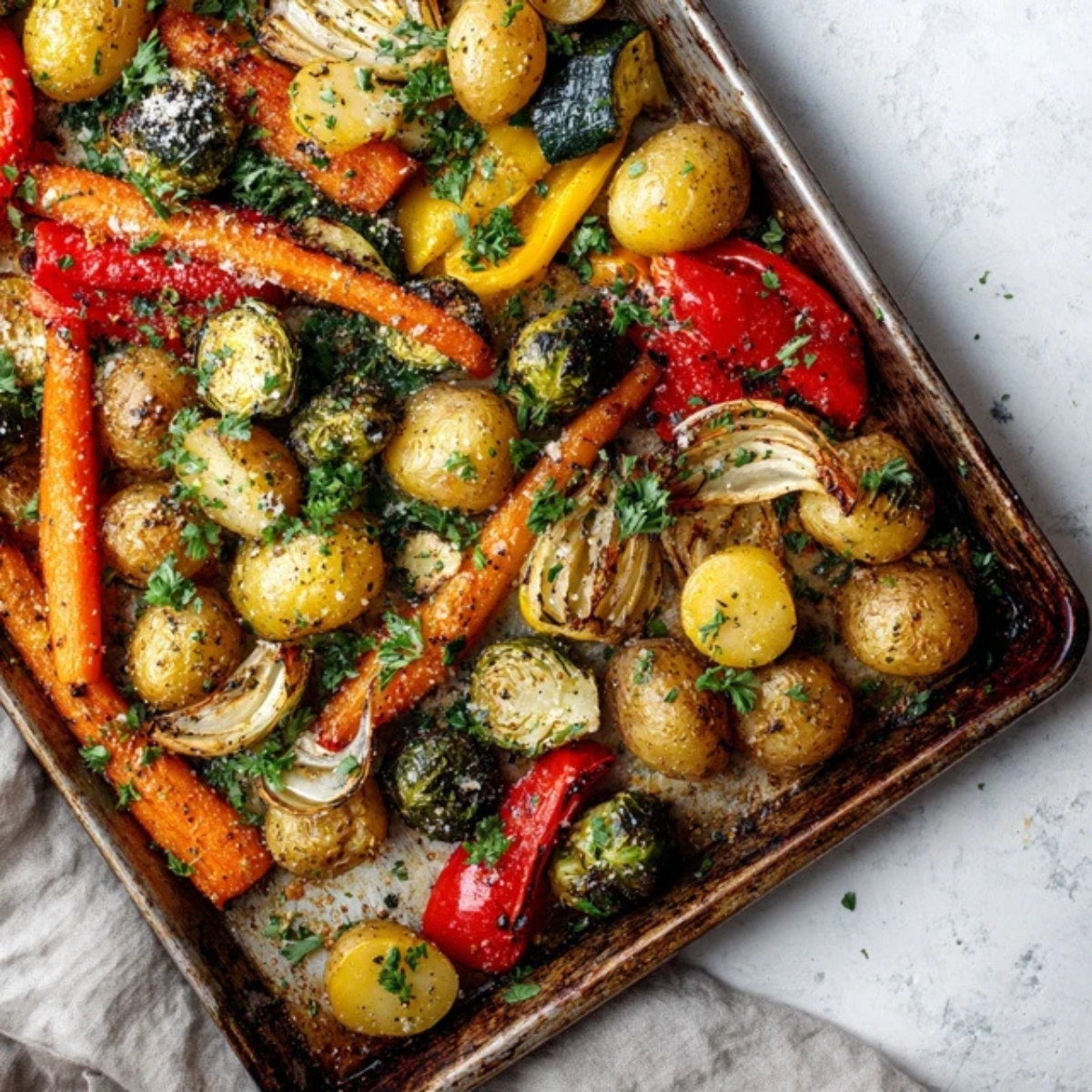 crispy garlic roasted vegetables on baking sheet