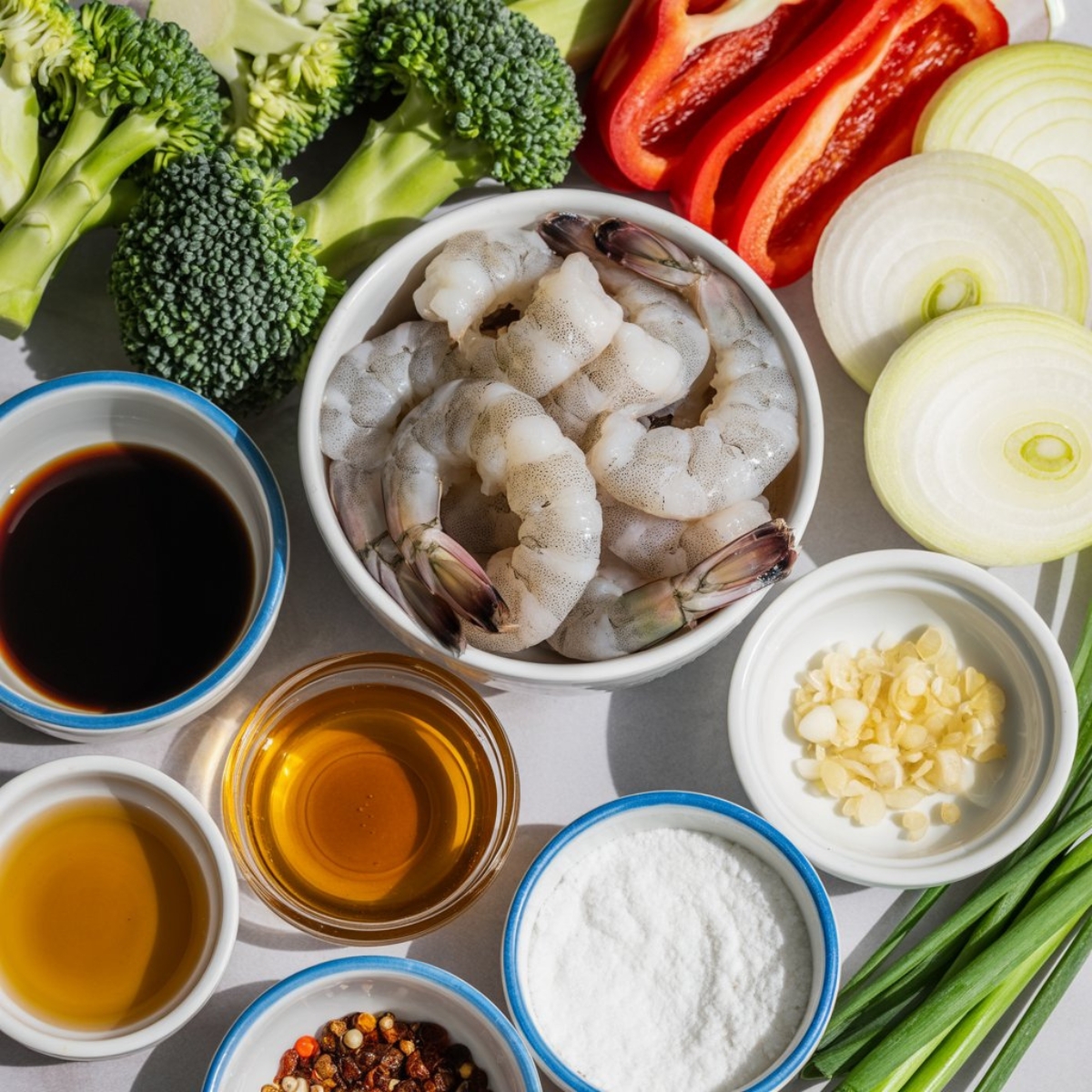 Ingredients for garlic shrimp stir fry with shrimp, vegetables, and garlic sauce