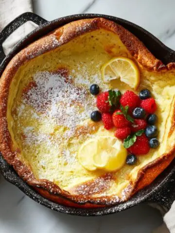 Fluffy German pancake baked in cast iron skillet with powdered sugar and lemon wedges