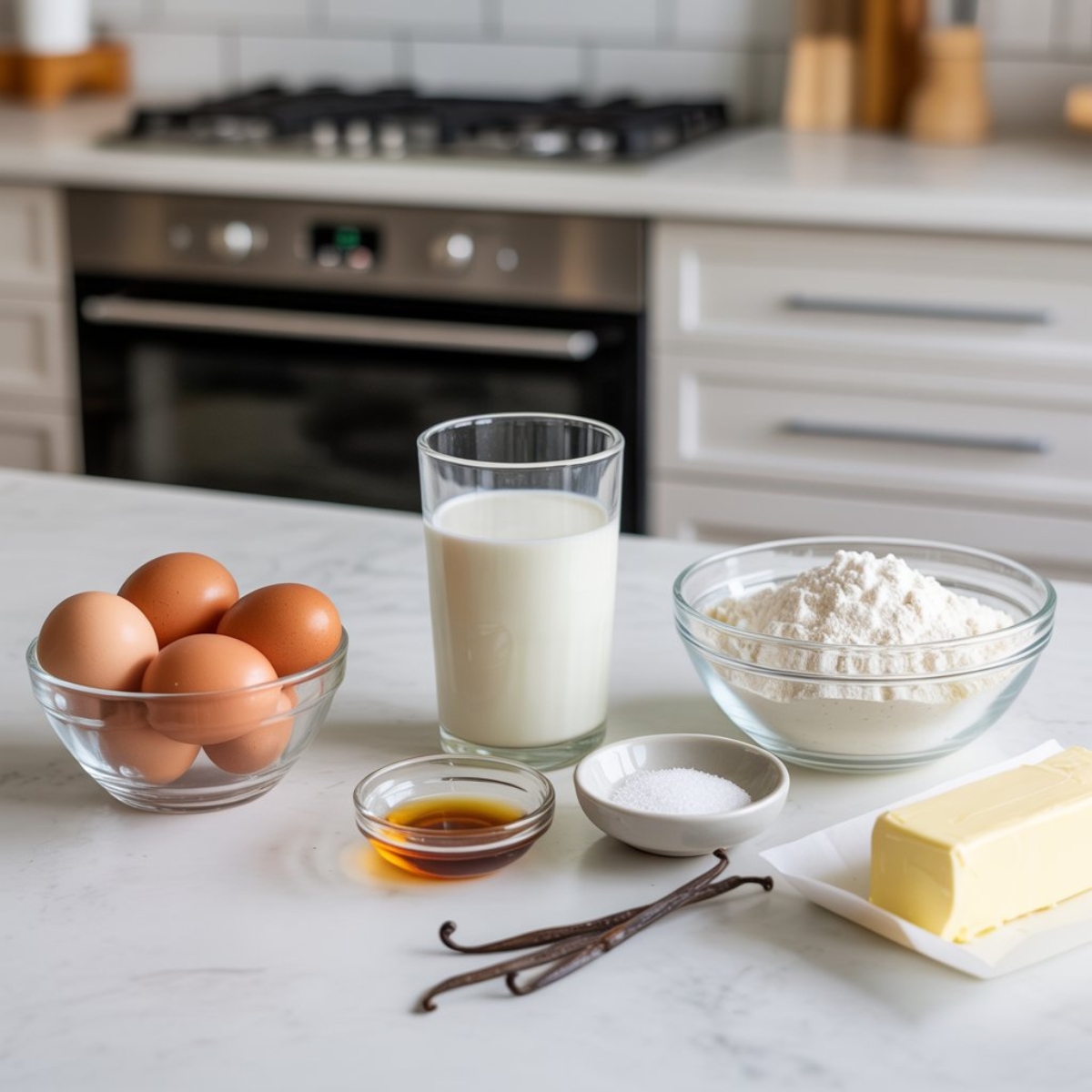 Ingredients for homemade German pancakes on a white kitchen counter