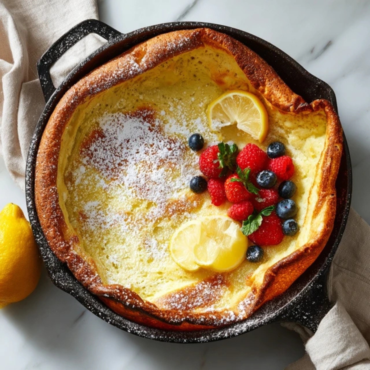 Fluffy German pancake baked in cast iron skillet with powdered sugar and lemon wedges