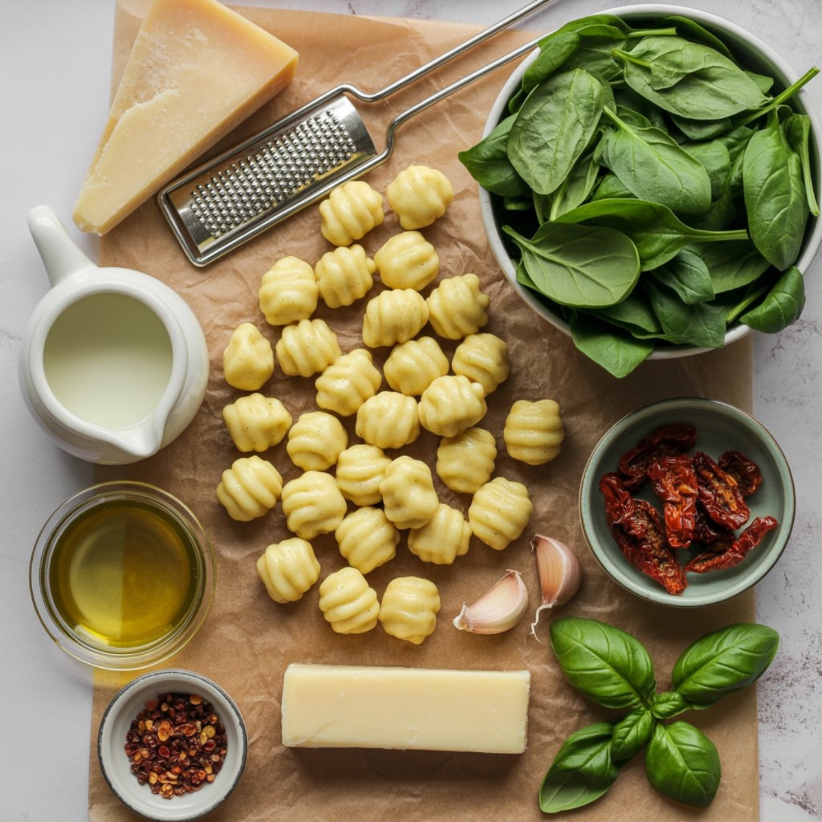 Fresh gnocchi spinach and Parmesan ingredients on white counter
