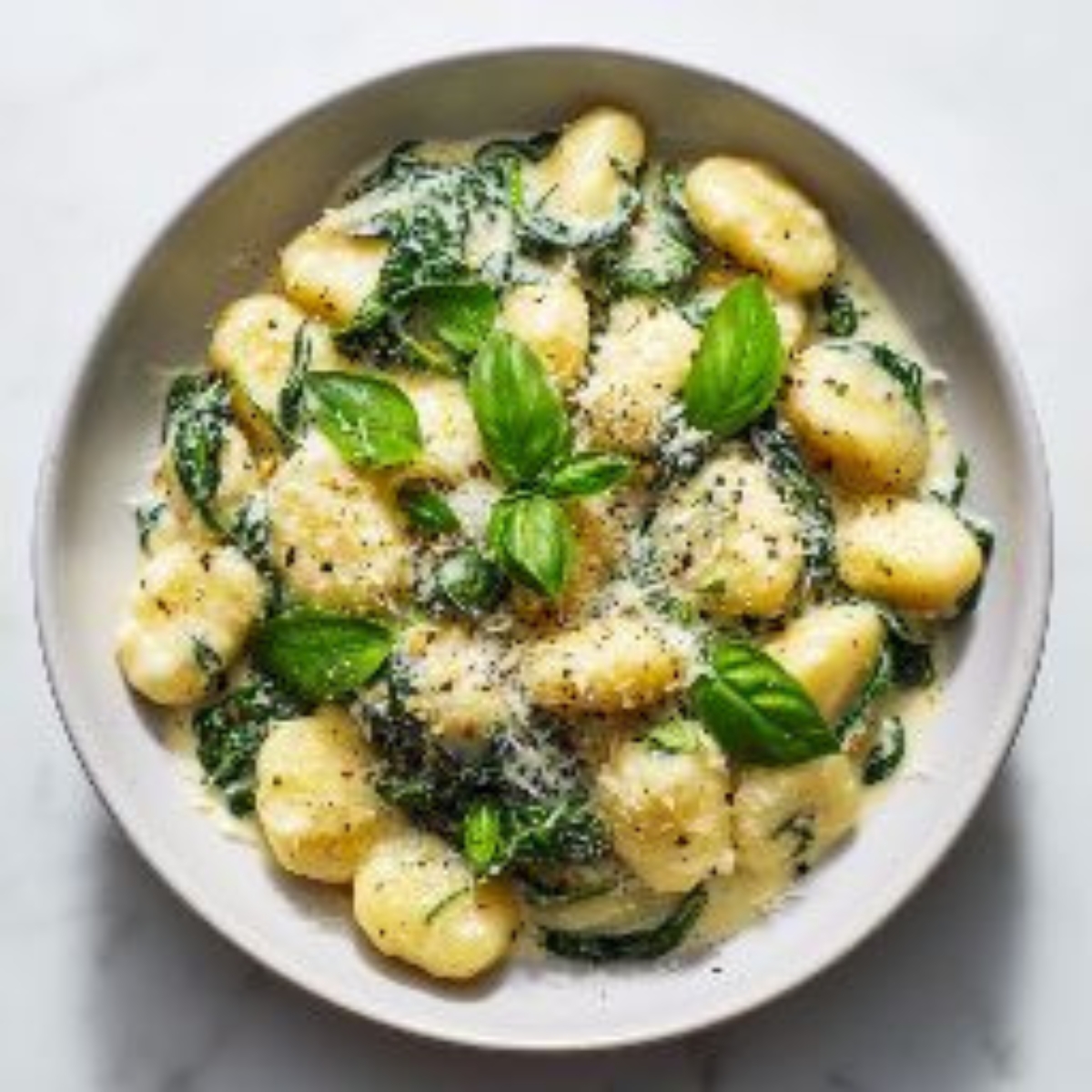 Creamy gnocchi with spinach in Parmesan sauce on white counter