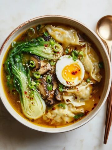 Authentic Japanese gyoza soup with dumplings and vegetables in miso broth