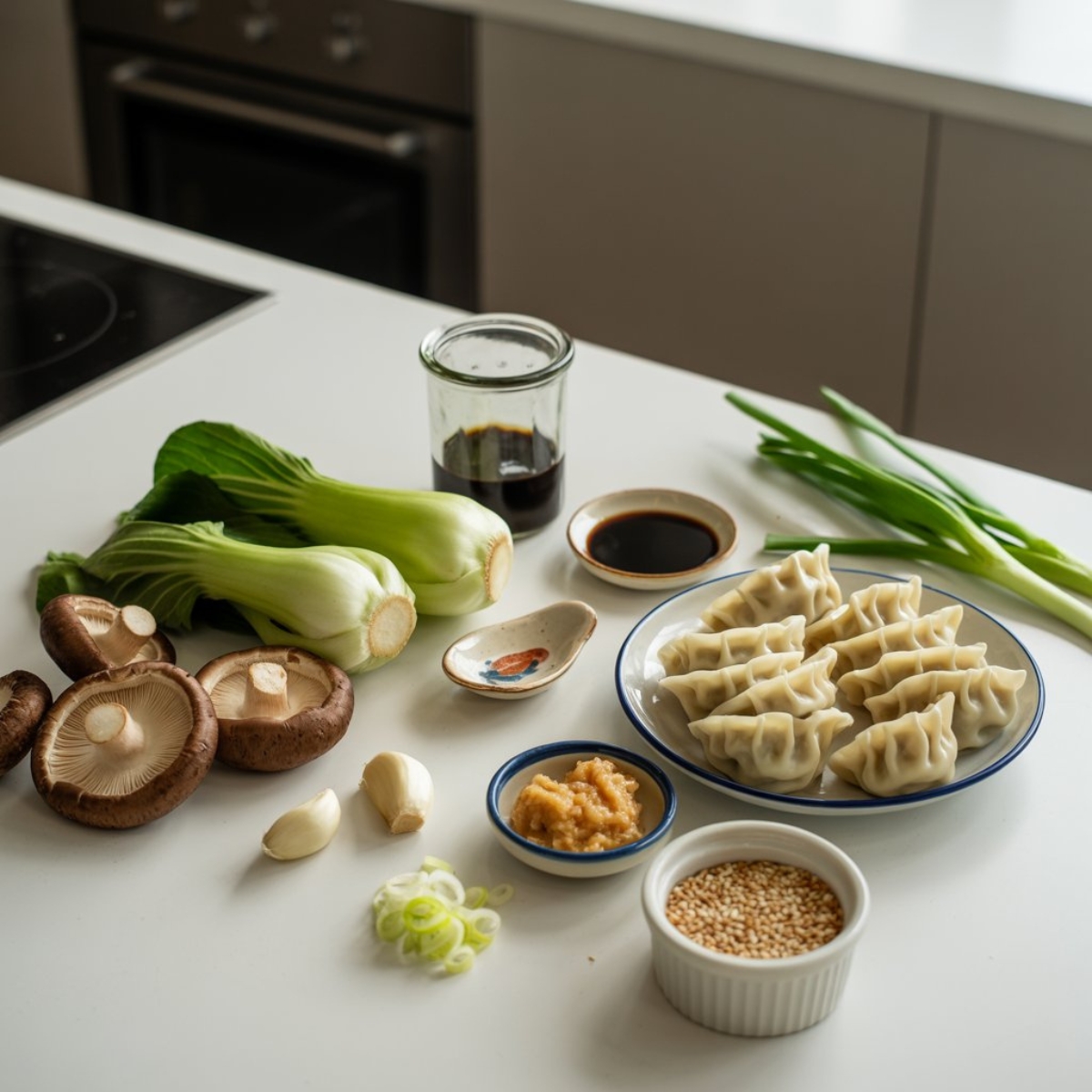 Fresh ingredients for homemade gyoza soup