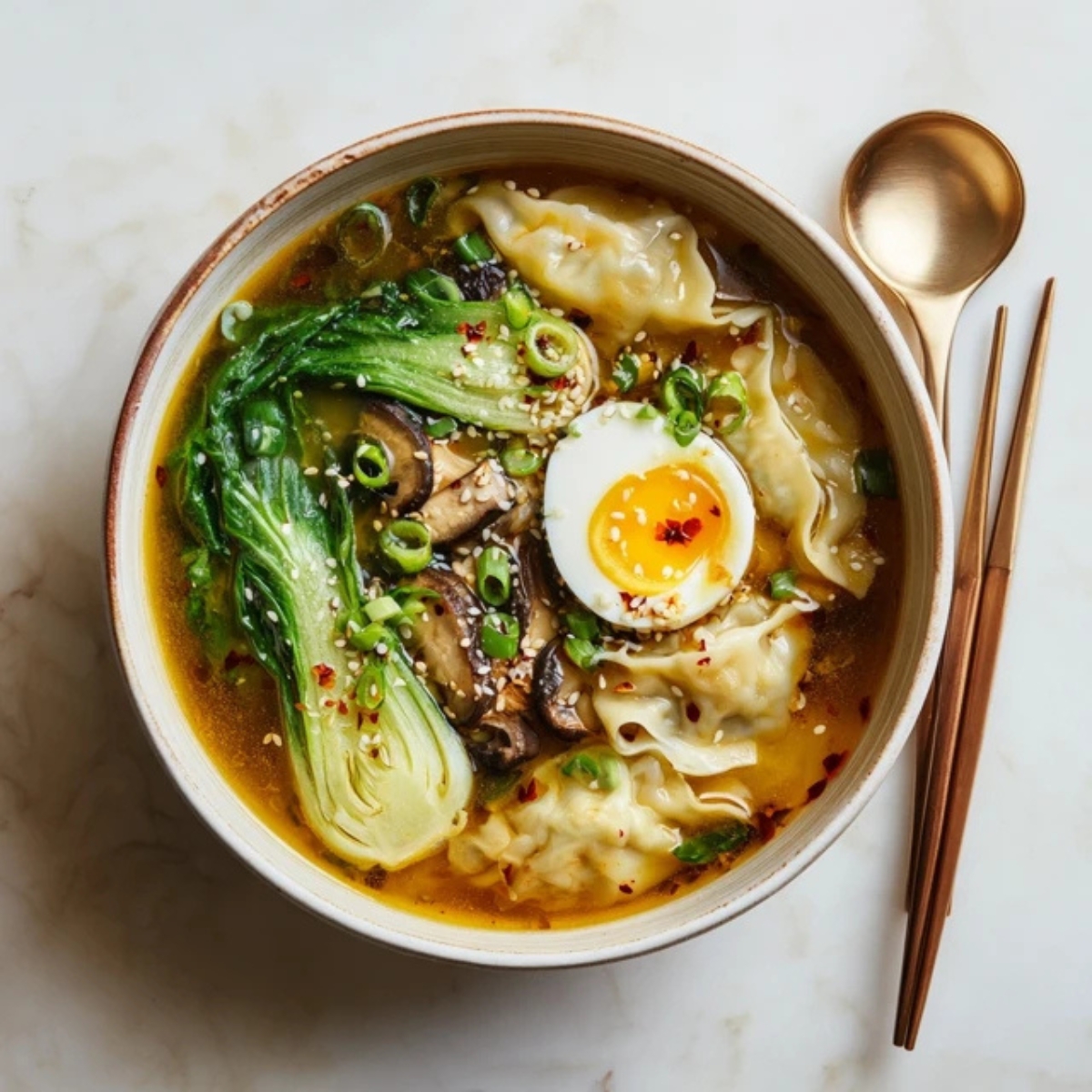 Authentic Japanese gyoza soup with dumplings and vegetables in miso broth