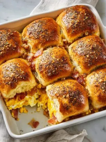 Golden Hawaiian roll breakfast sliders with eggs, bacon, and cheese