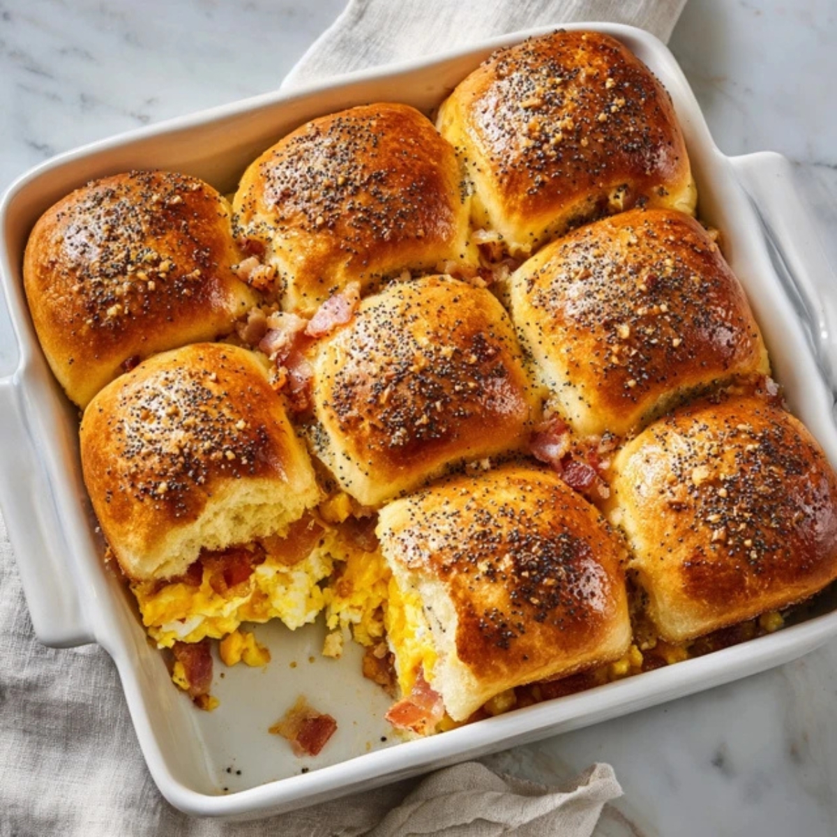 Golden Hawaiian roll breakfast sliders with eggs, bacon, and cheese