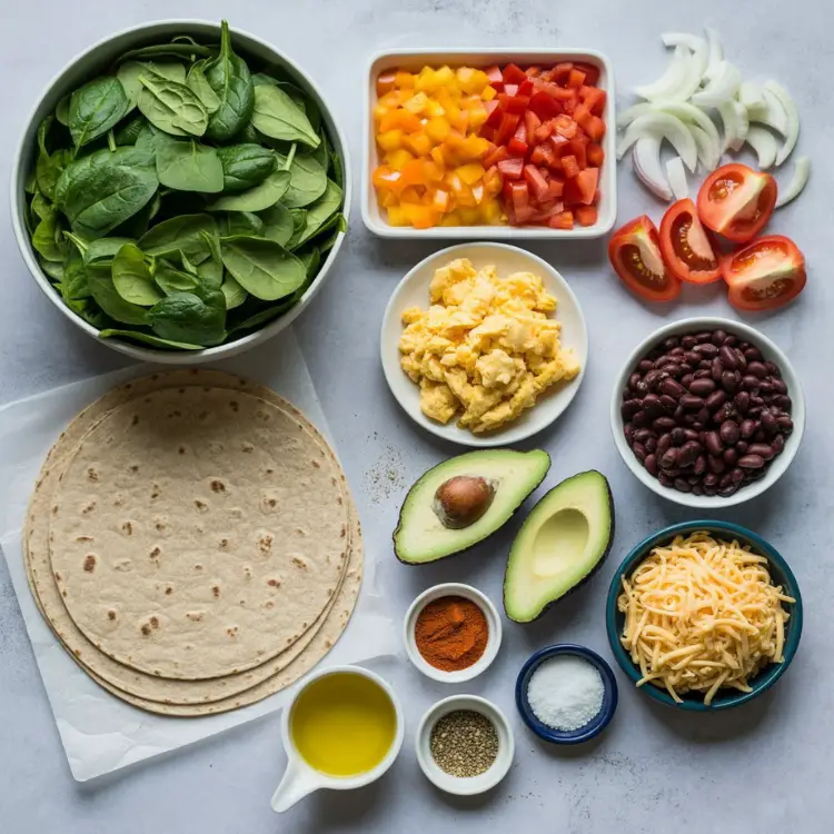 Fresh ingredients for healthy breakfast burrito on counter