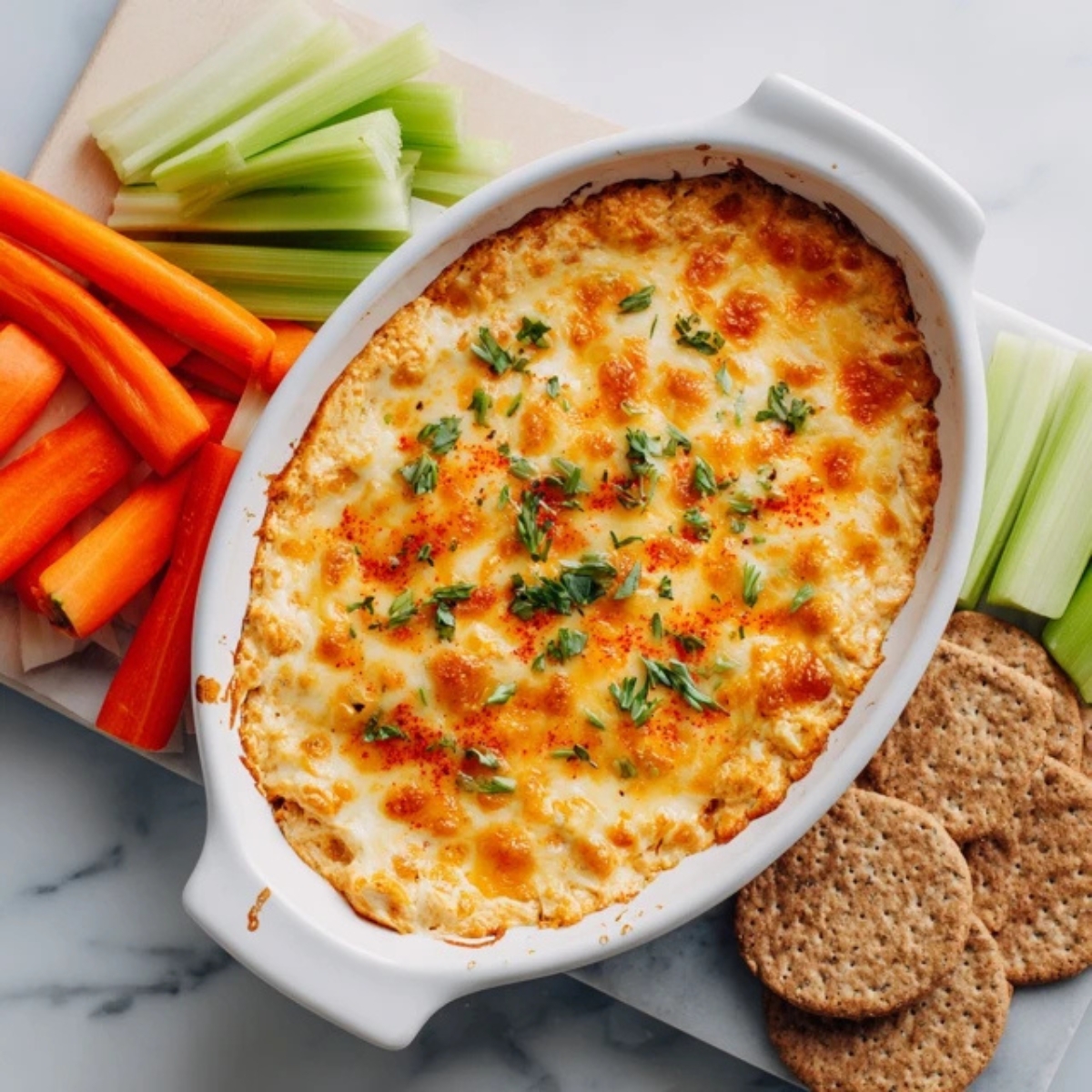 healthy buffalo chicken dip baked with golden cheese and veggies for dipping