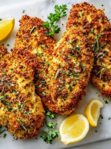 golden crispy herb crusted chicken breast on white kitchen counter