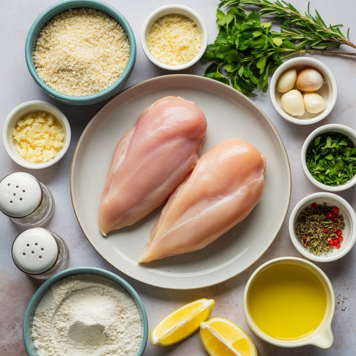 ingredients for herb crusted chicken with herbs, parmesan, breadcrumbs, and chicken breasts on counter