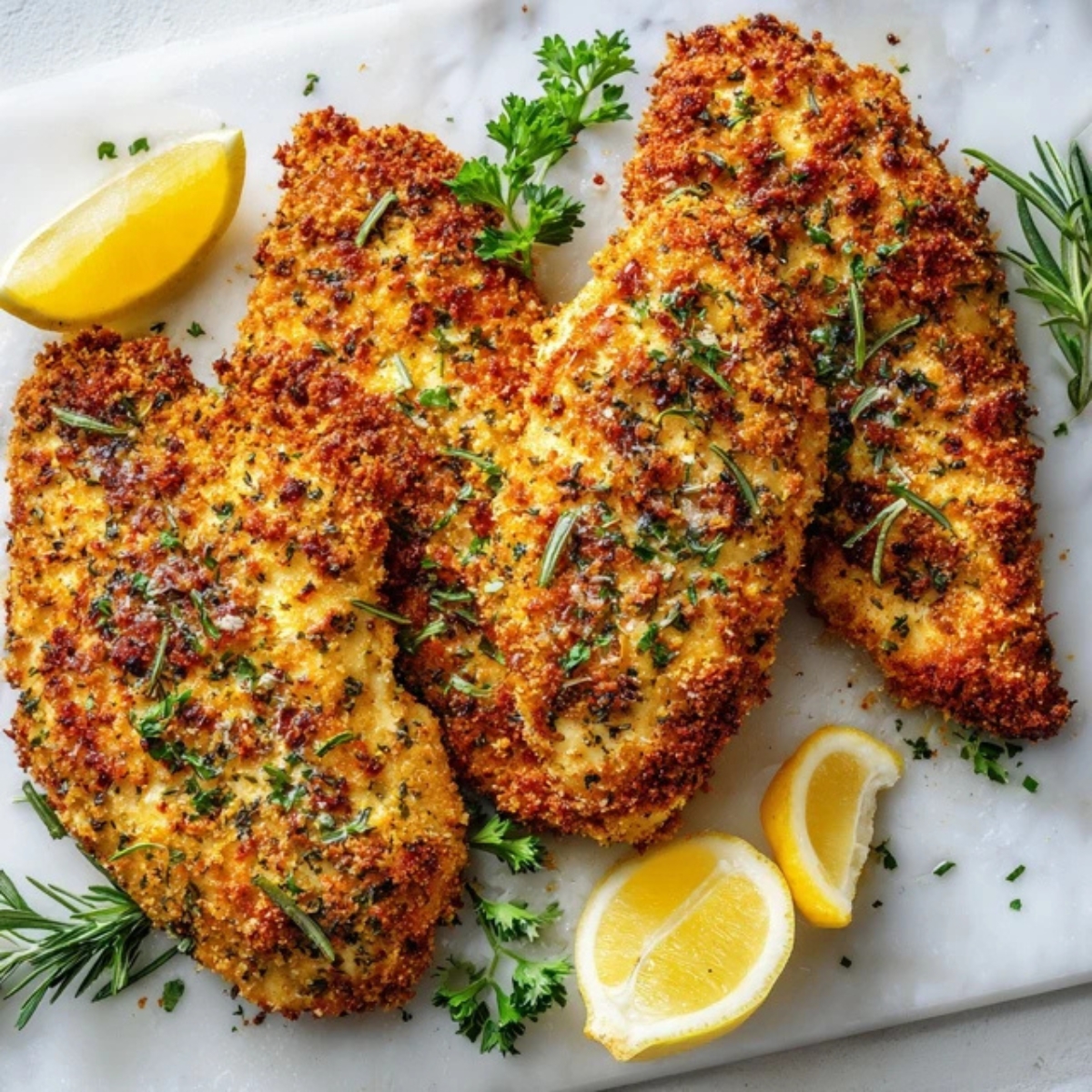 golden crispy herb crusted chicken breast on white kitchen counter