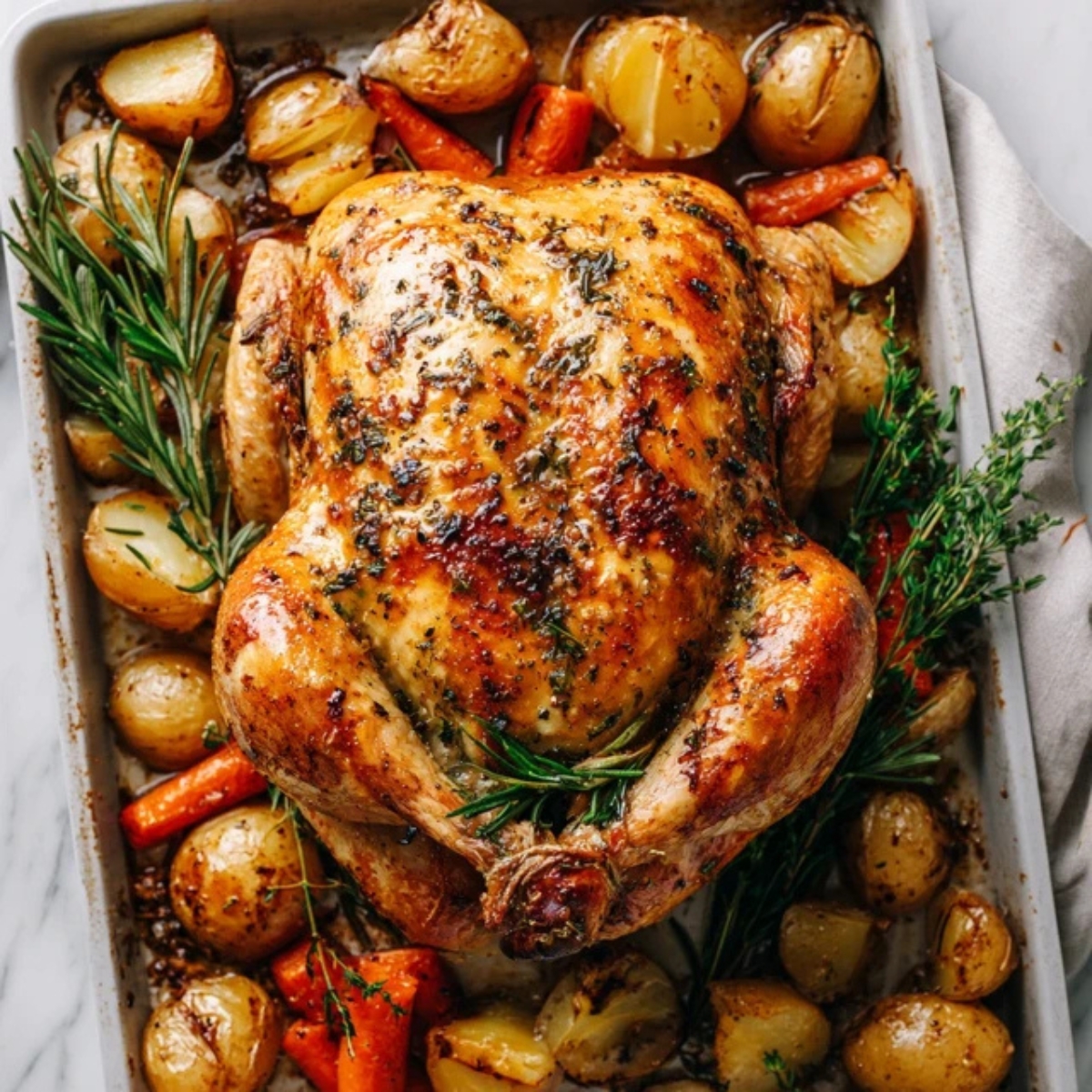 juicy golden herb roasted chicken with vegetables on a pan