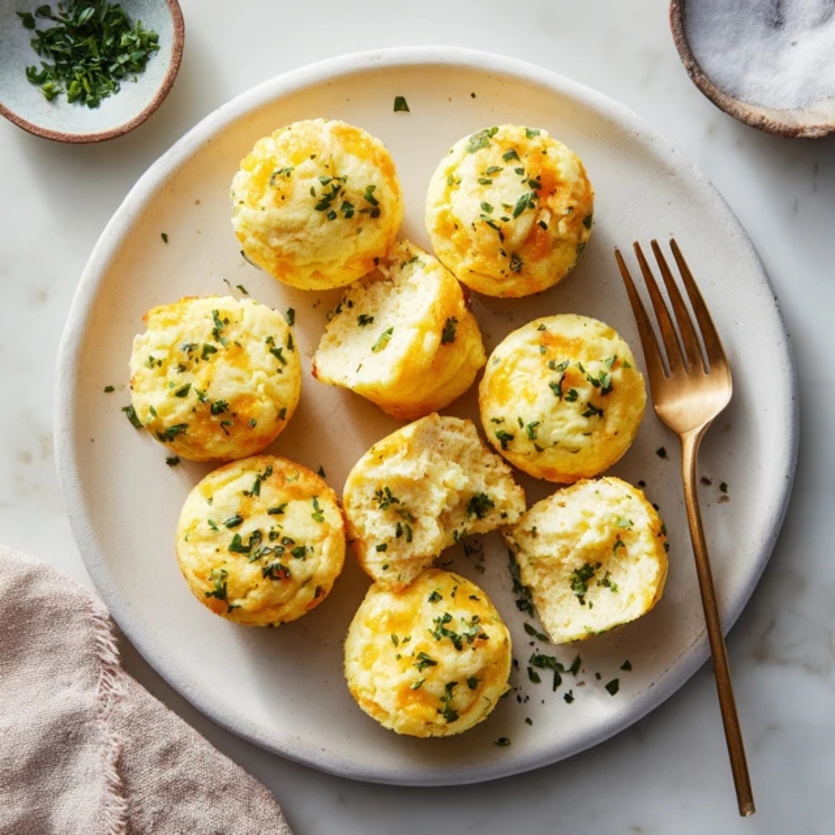 Fluffy high-protein egg bites on a plate with herbs