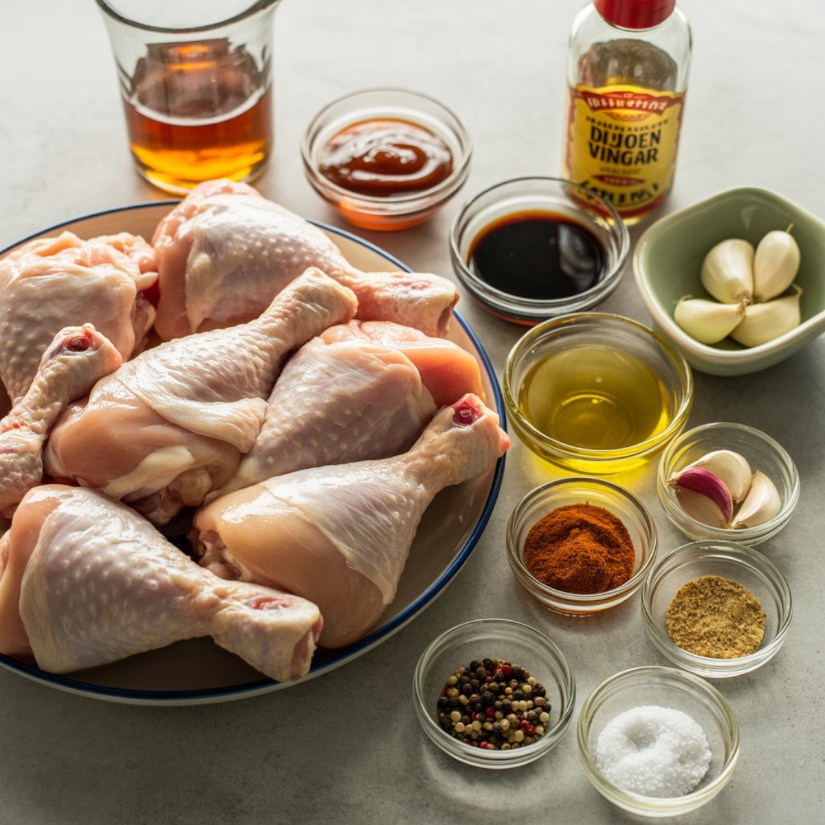 Flat lay of honey BBQ chicken ingredients on white counter