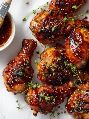 Juicy honey BBQ chicken with sticky glaze on white counter