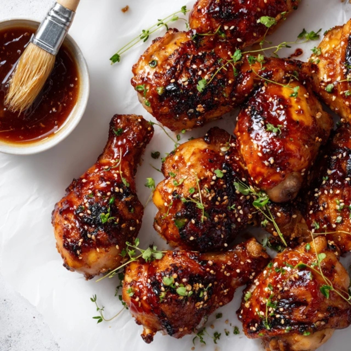 Juicy honey BBQ chicken with sticky glaze on white counter