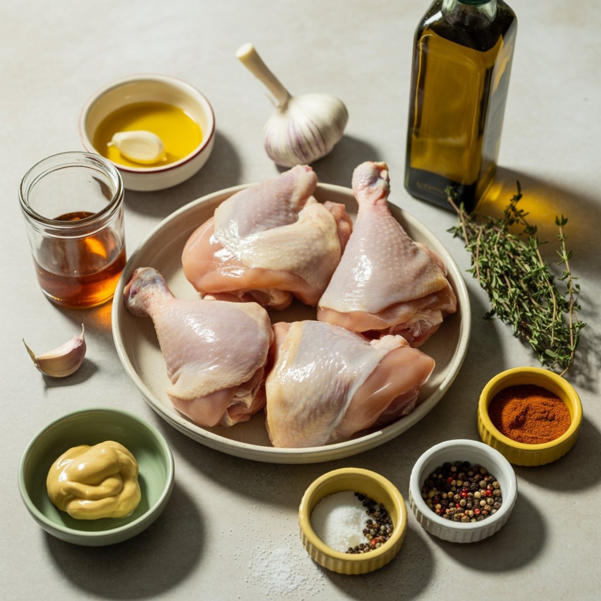 honey dijon chicken thighs ingredients flat lay on kitchen counter