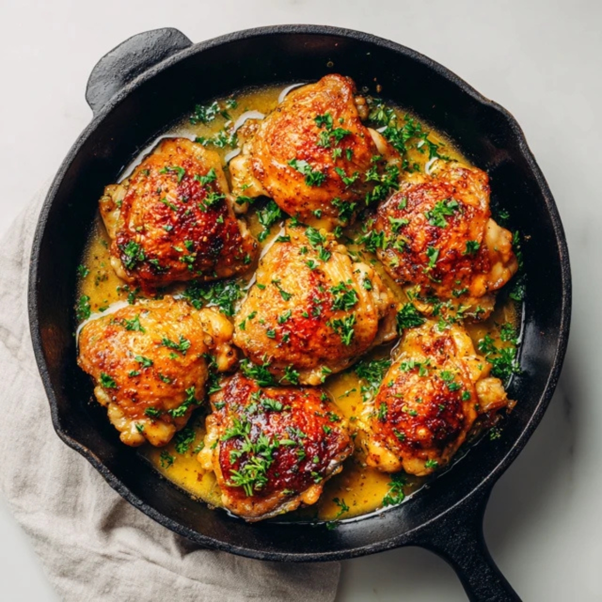 crispy honey dijon chicken thighs in skillet with golden glaze