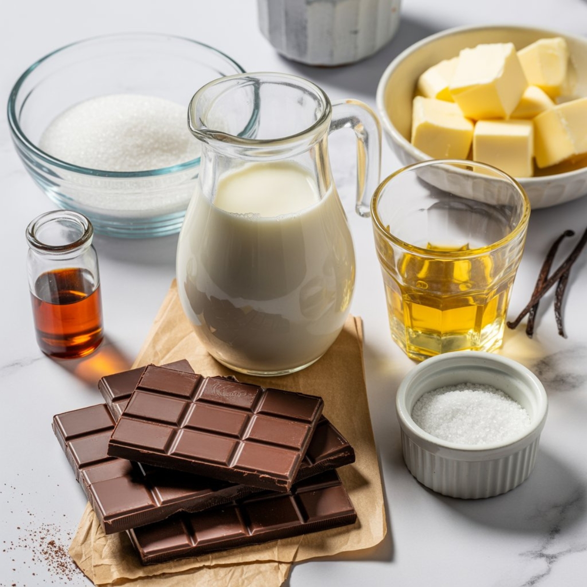 hot fudge sauce ingredients flat lay on white kitchen counter