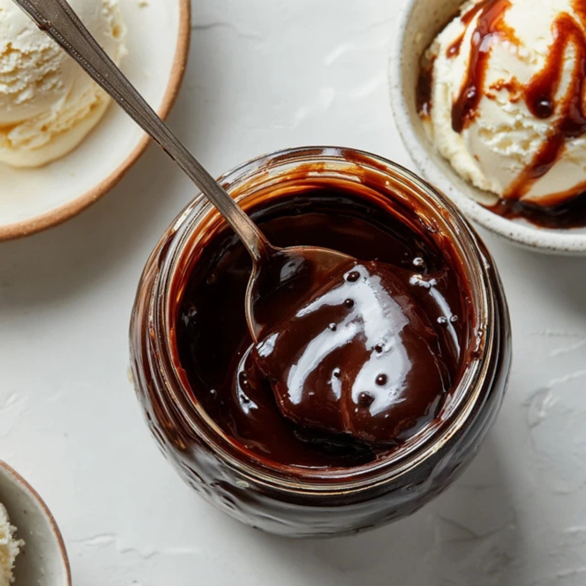 rich homemade hot fudge sauce in glass jar with spoon