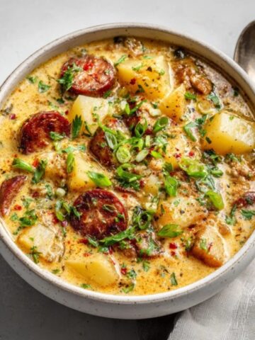Creamy Instant Pot Cajun Potato Soup with sausage and potatoes in a white bowl