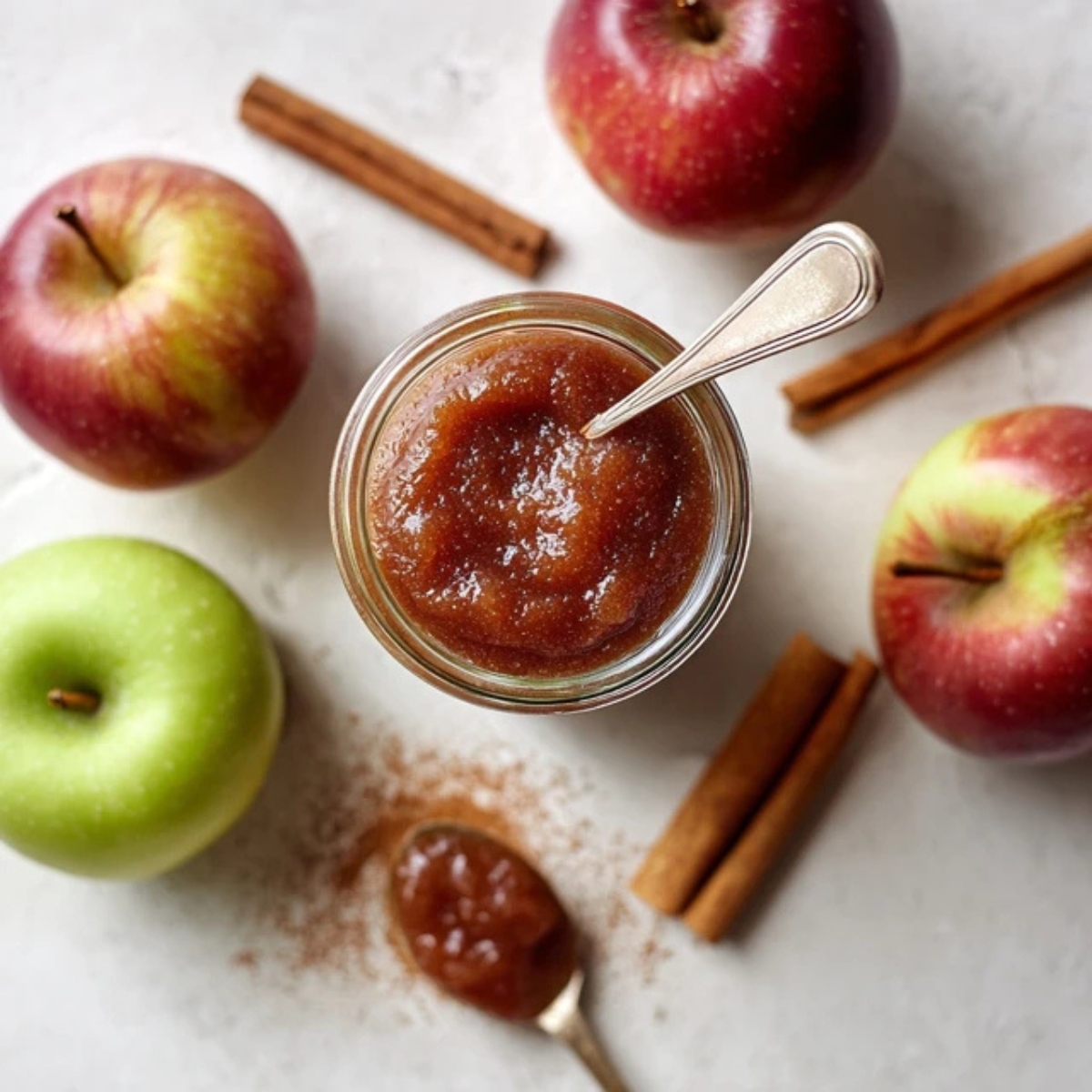 creamy instant pot apple butter in jar with apples and cinnamon