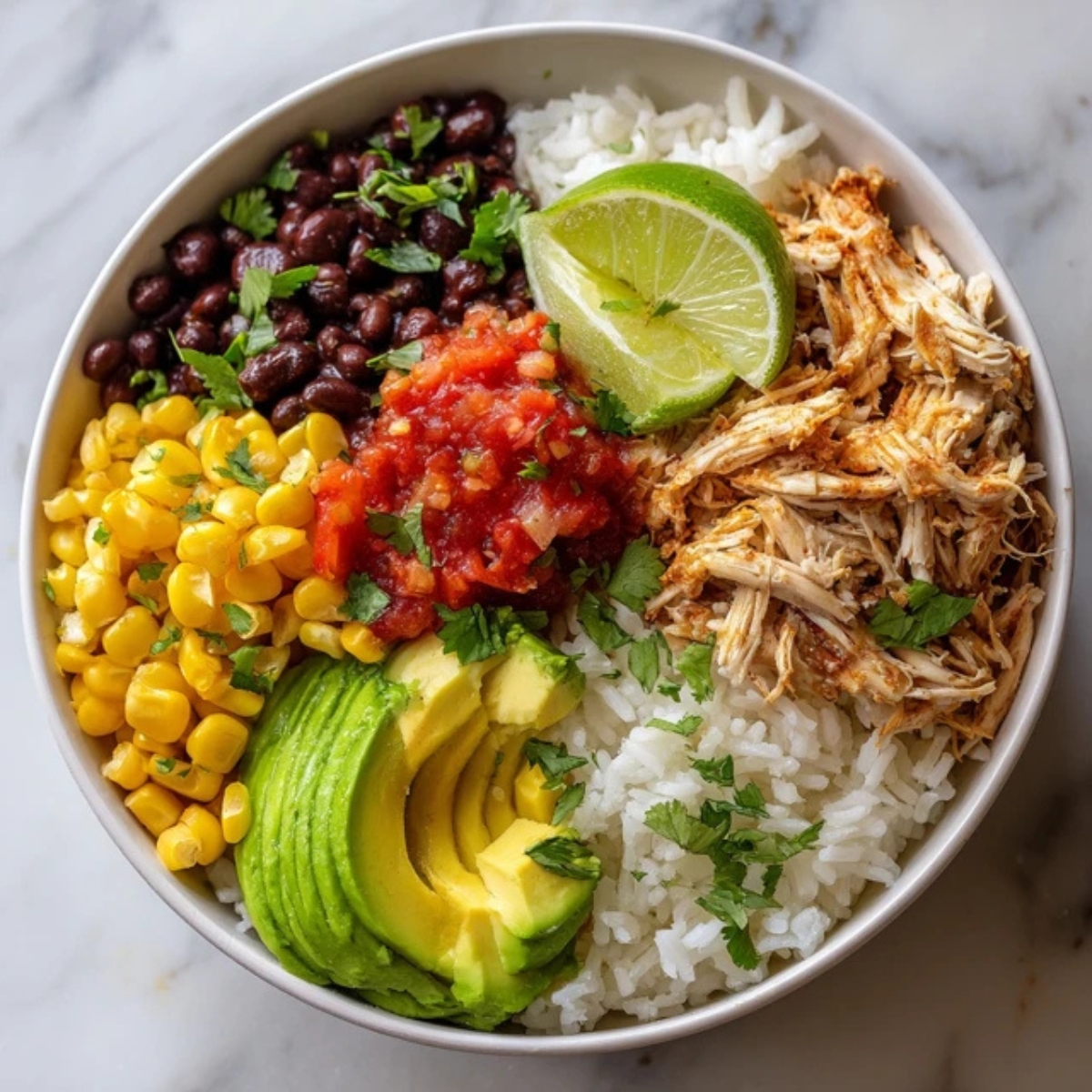 Homemade Instant Pot burrito bowl with chicken, rice, beans, and toppings