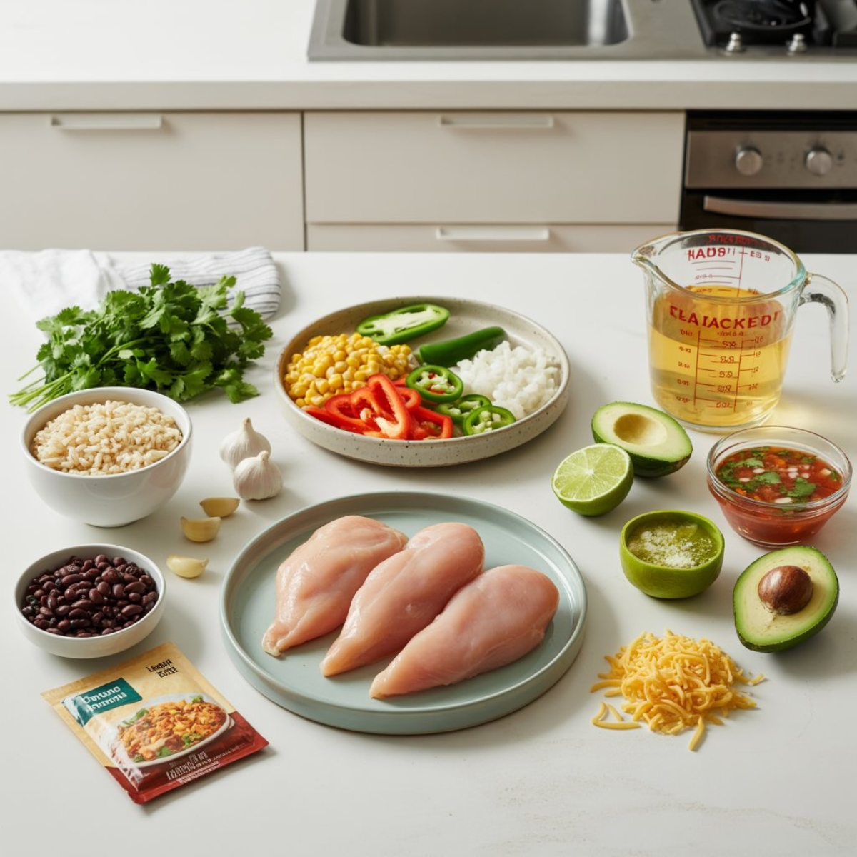 Flat lay of ingredients for Instant Pot burrito bowls with chicken, rice, beans, and vegetables
