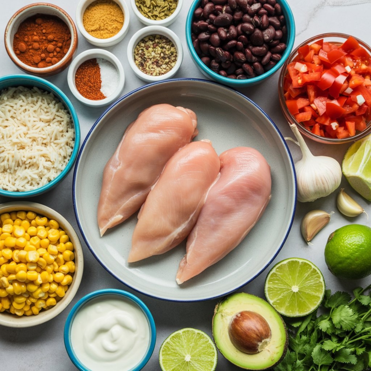 burrito bowl ingredients chicken rice beans veggies spices